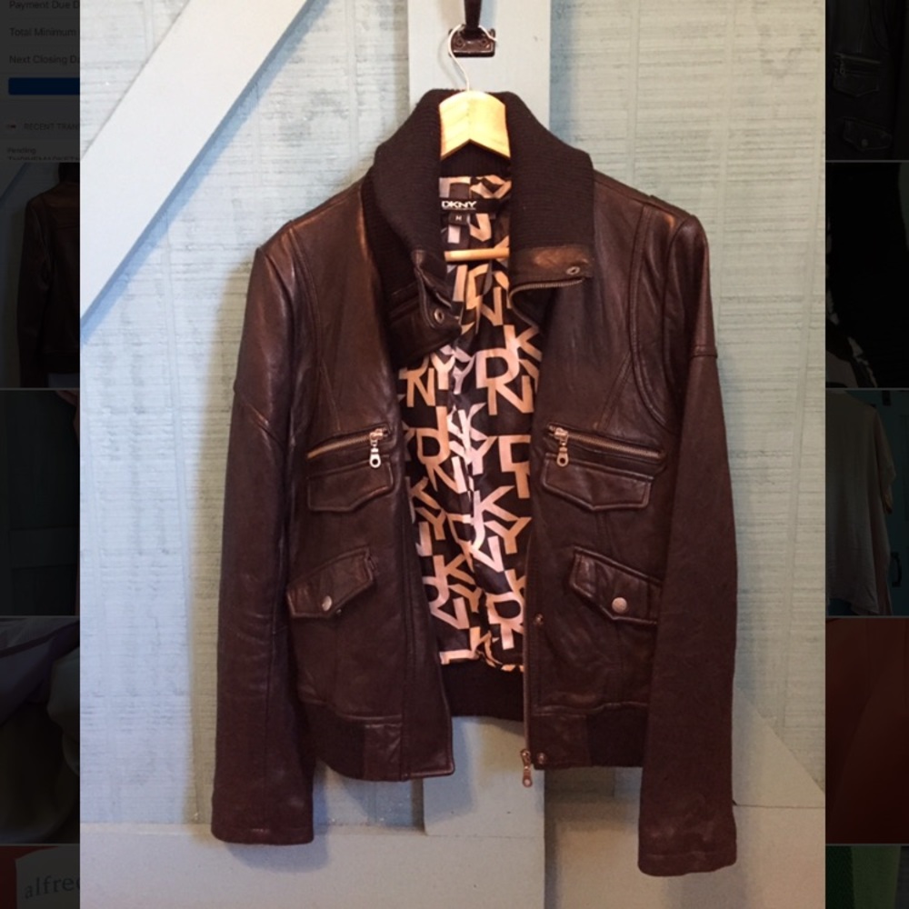 This is a black leather DKNY jacket, size medium.
